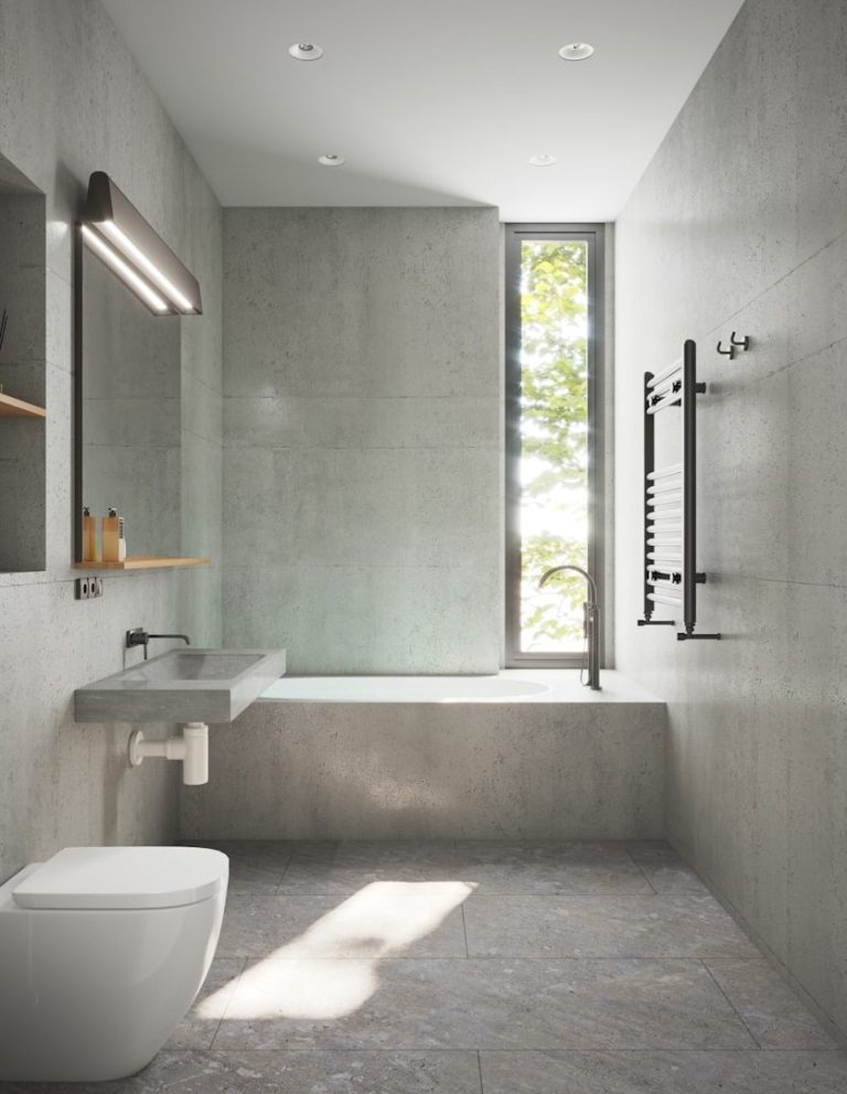 Modernes Badezimmer mit grauen Wänden, Dusche, WC und Fenster mit Blick ins Freie.